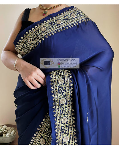 Navy Blue Crepe Silk Zarina Saree - kreationbykj