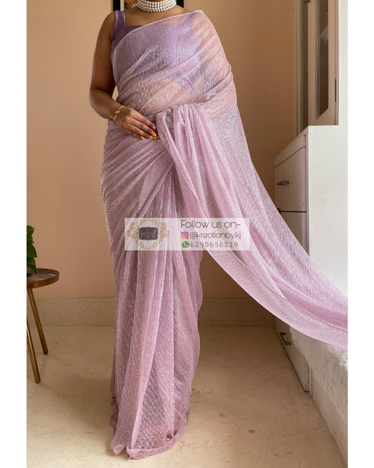 Lilac Shimmer Pleated Net Saree For Romantic Date kreationbykj