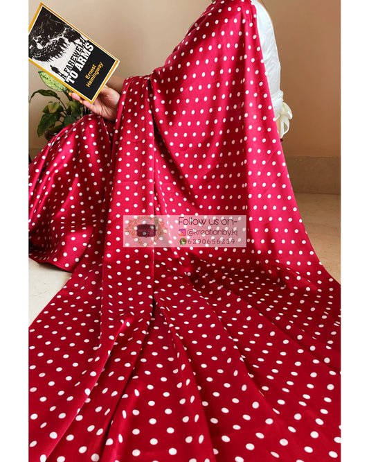 Maroon Polka Dot Satin Silk Saree kreationbykj