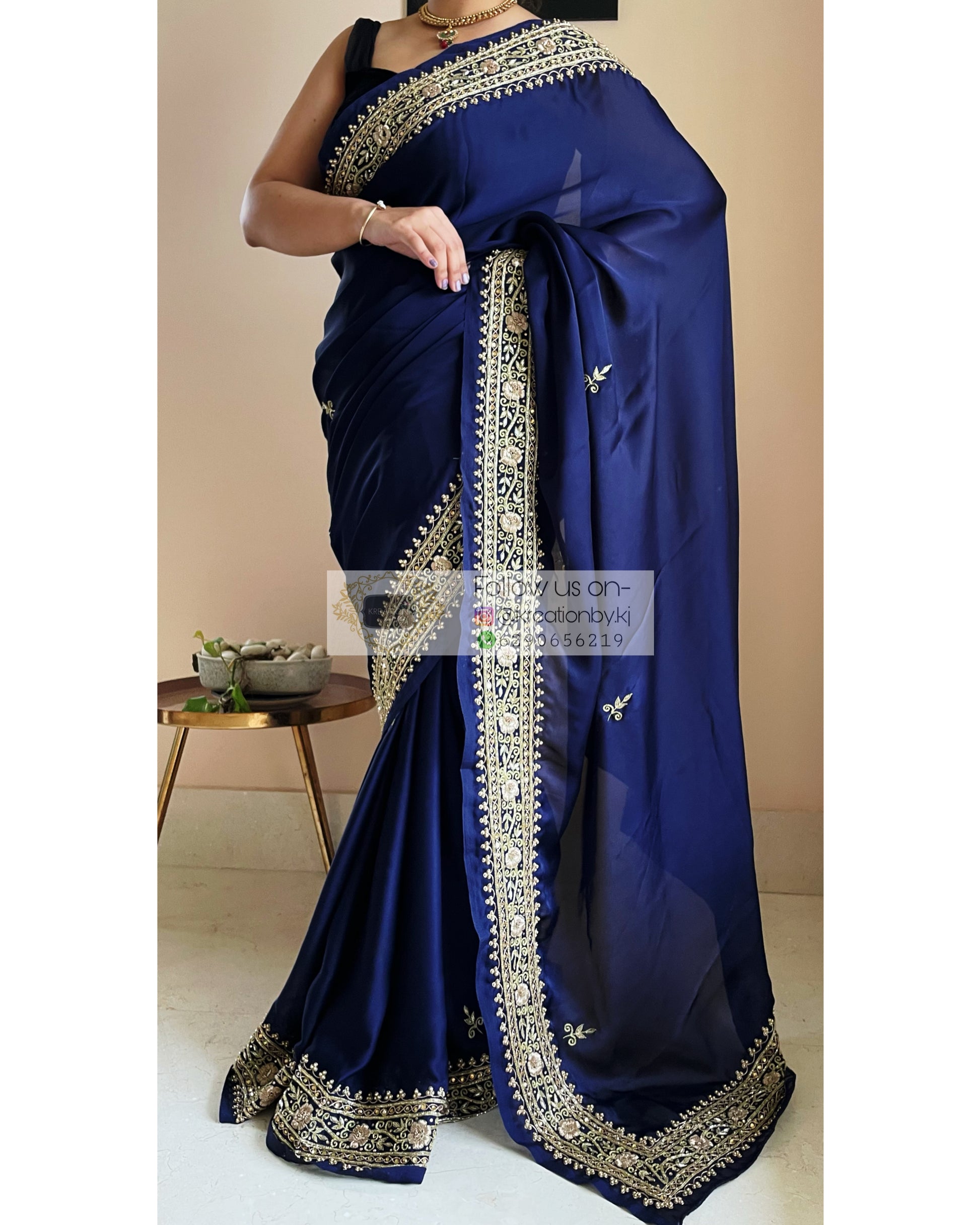 Navy Blue Crepe Silk Zarina Saree - kreationbykj