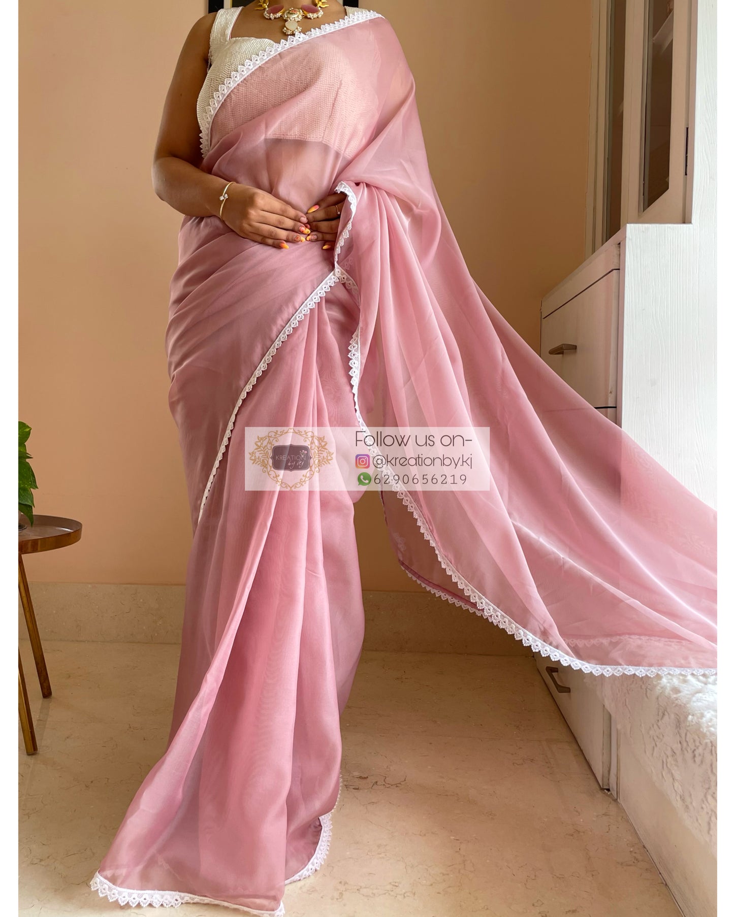 Mauve Organza Saree with Pearl Blouse Piec