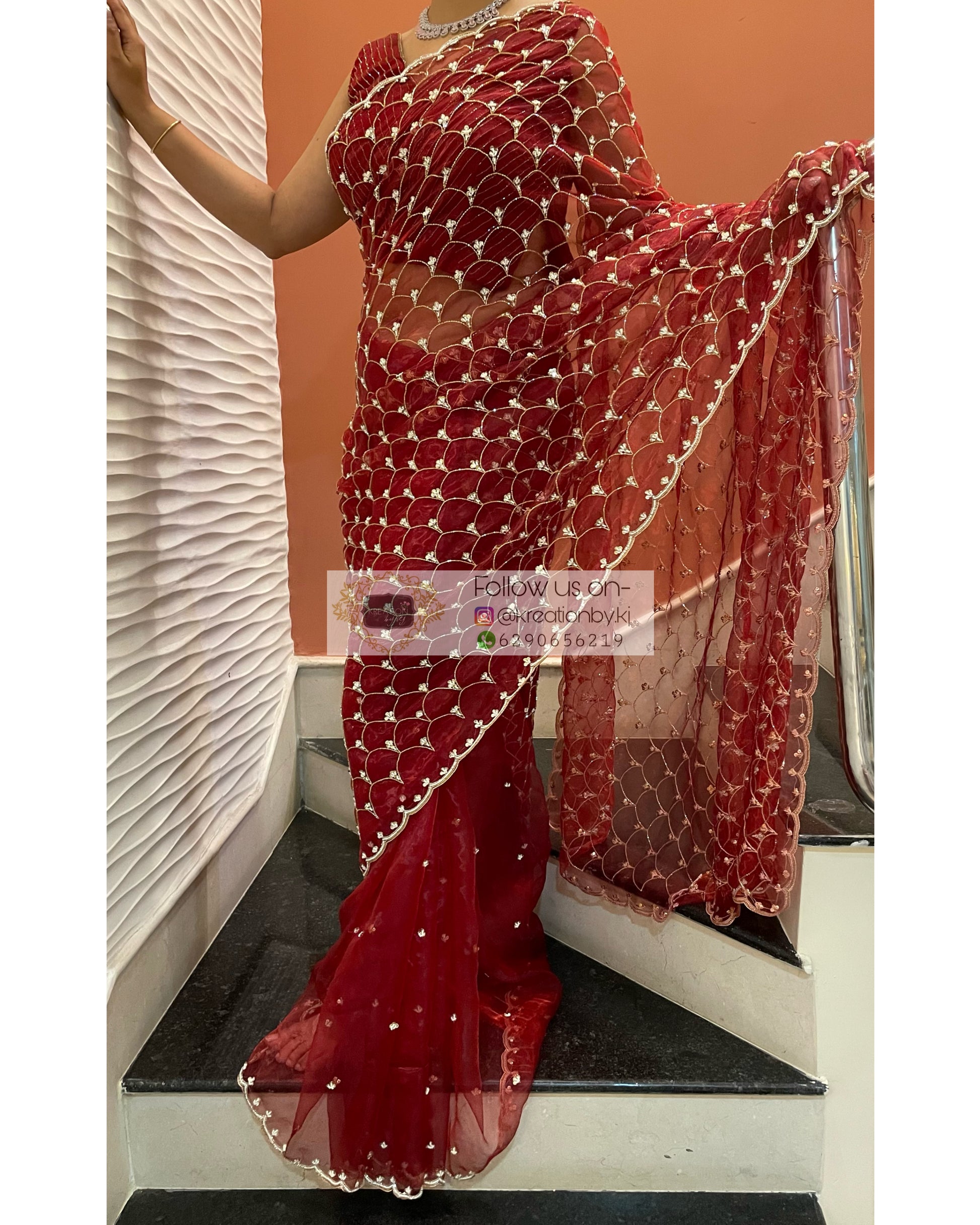 Red Glass Tissue Cutdana Mehraab Saree - kreationbykj