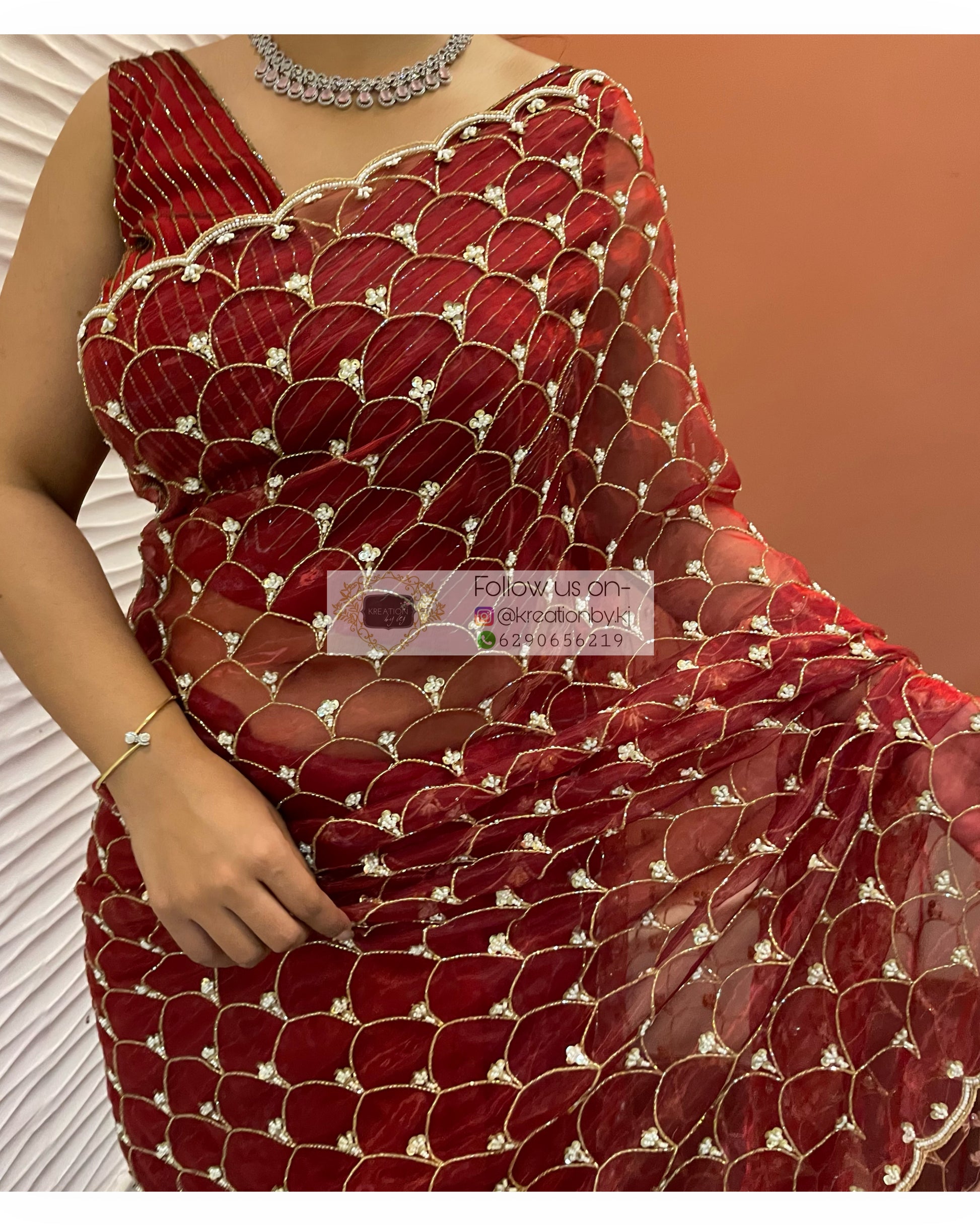 Red Glass Tissue Cutdana Mehraab Saree - kreationbykj