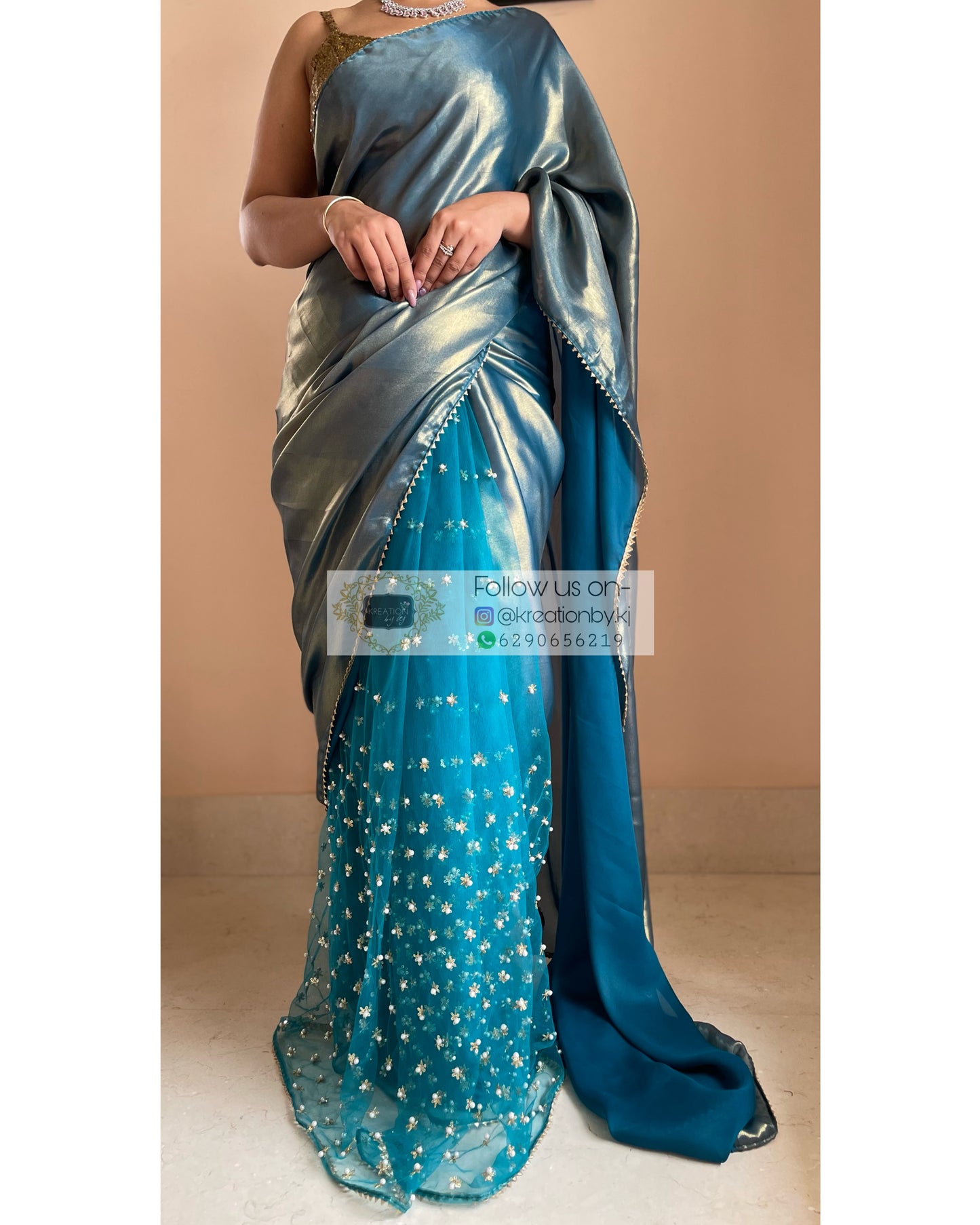 Teal Shimmer Sequins Saree - kreationbykj