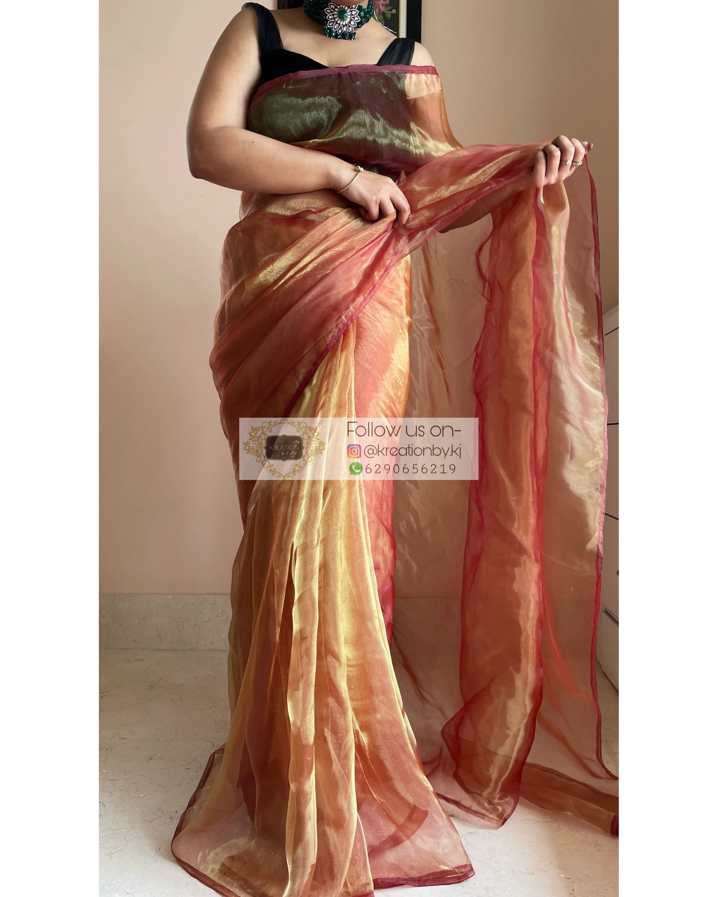 Liquid Gold Glass Tissue Saree - kreationbykj