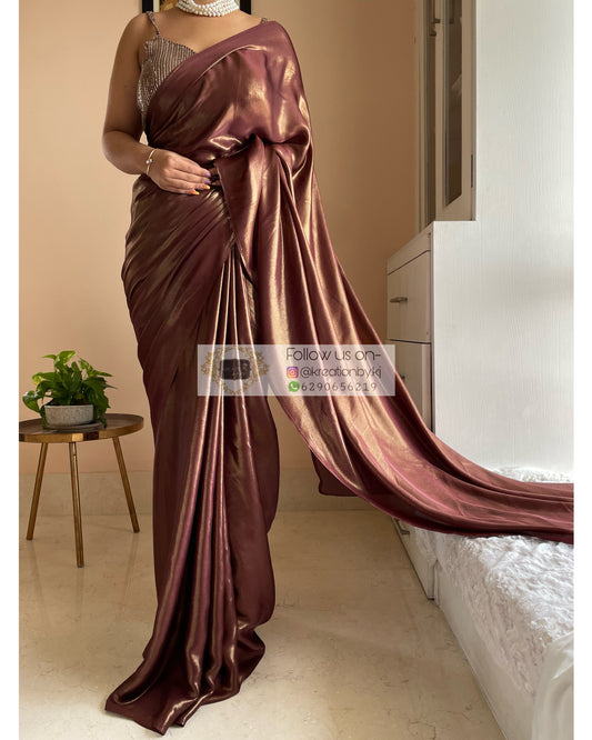 Molten Chocolate Brown Shimmer Satin Saree