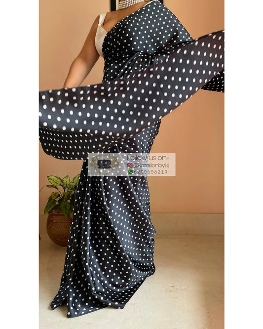 Black Polka Dot Satin Silk Saree kreationbykj