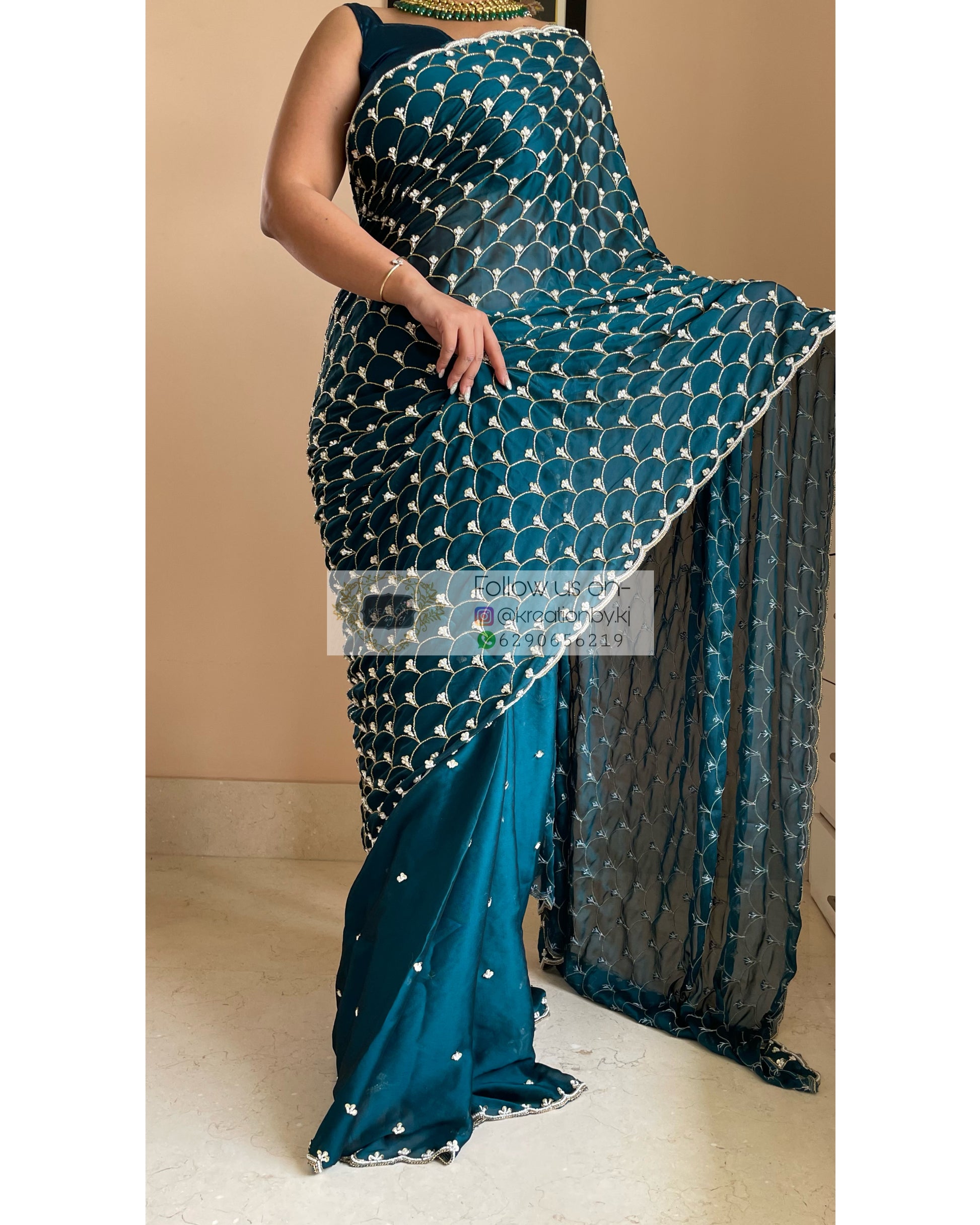 Teal Mehraab Cutdana Jaal Saree - kreationbykj