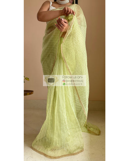 Green Organza Saree with Stripes