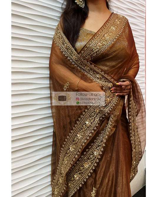 Brown Tissue Zarina Saree kreationbykj