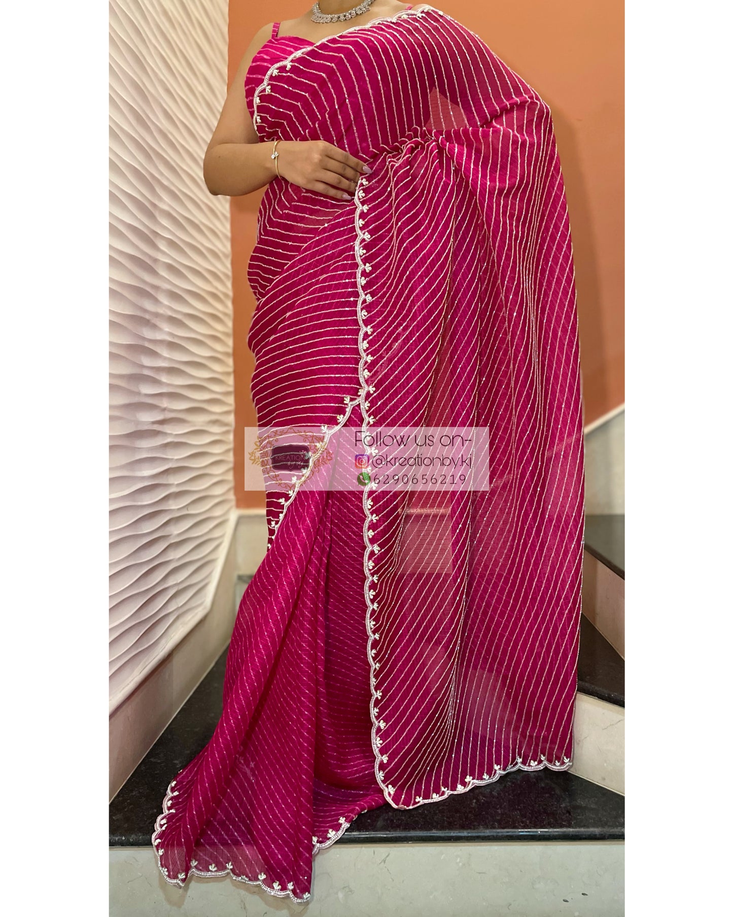 Gulaabi Leher Cutdana Saree - kreationbykj