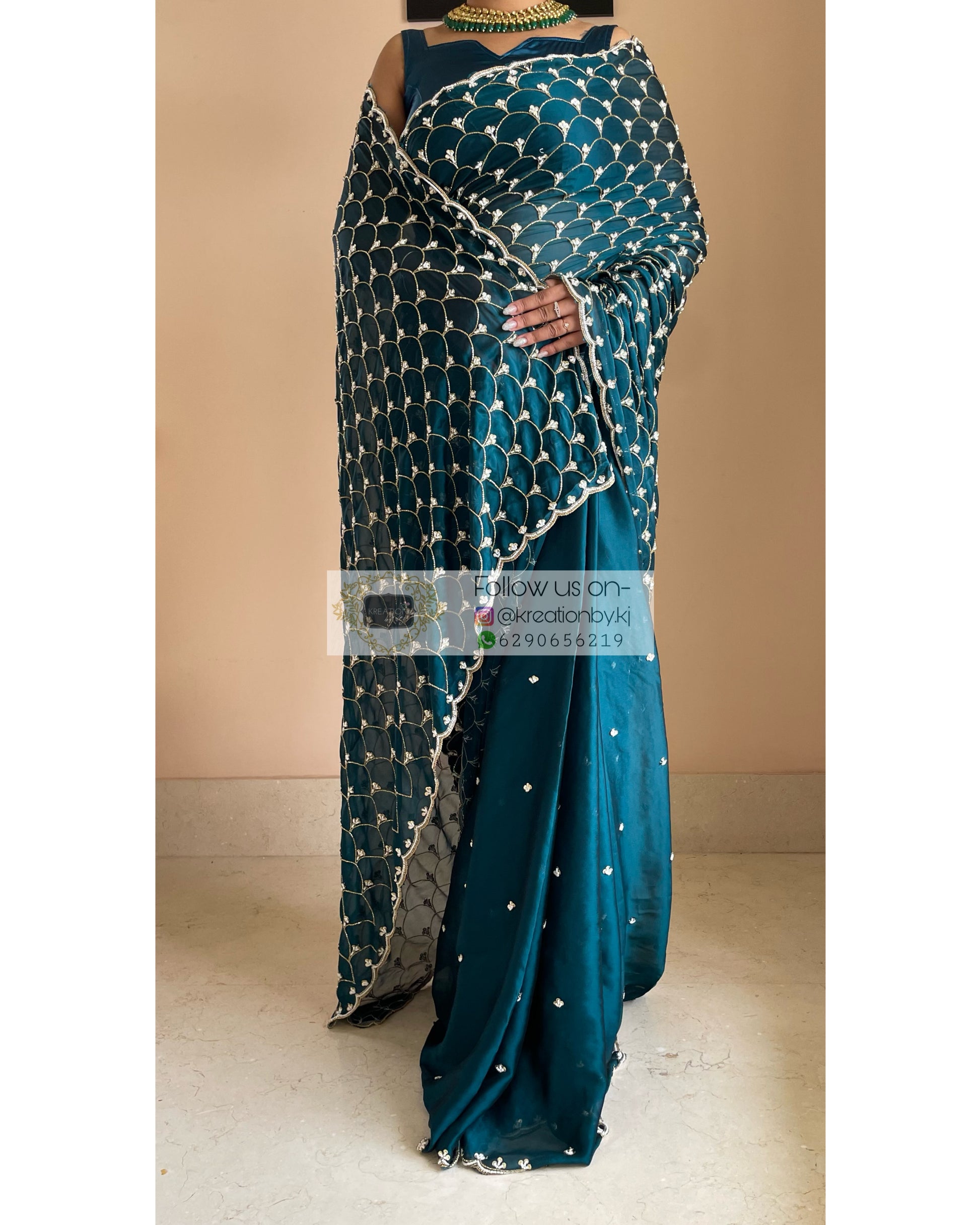 Teal Mehraab Cutdana Jaal Saree - kreationbykj