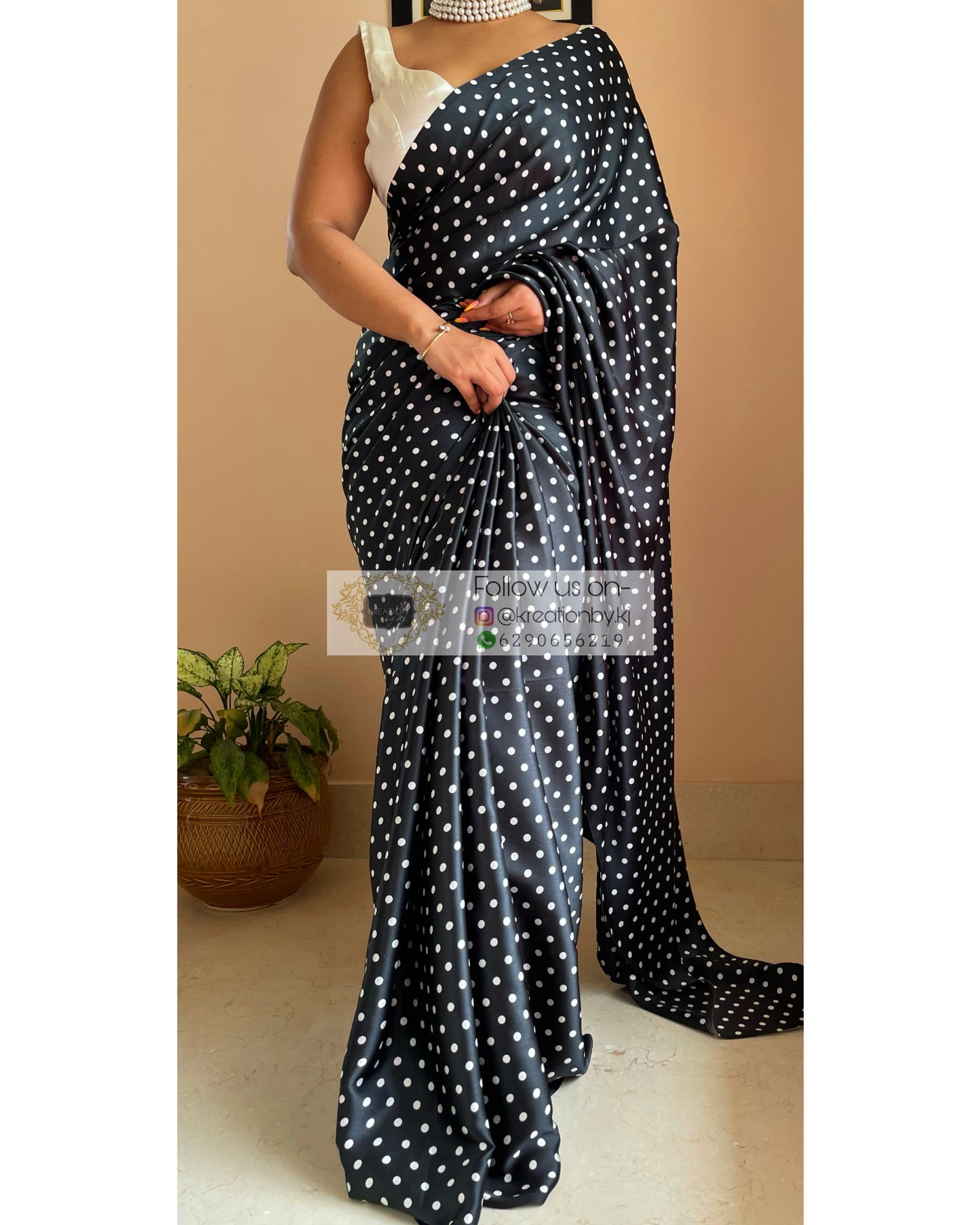 Black Polka Dot Satin Silk Saree