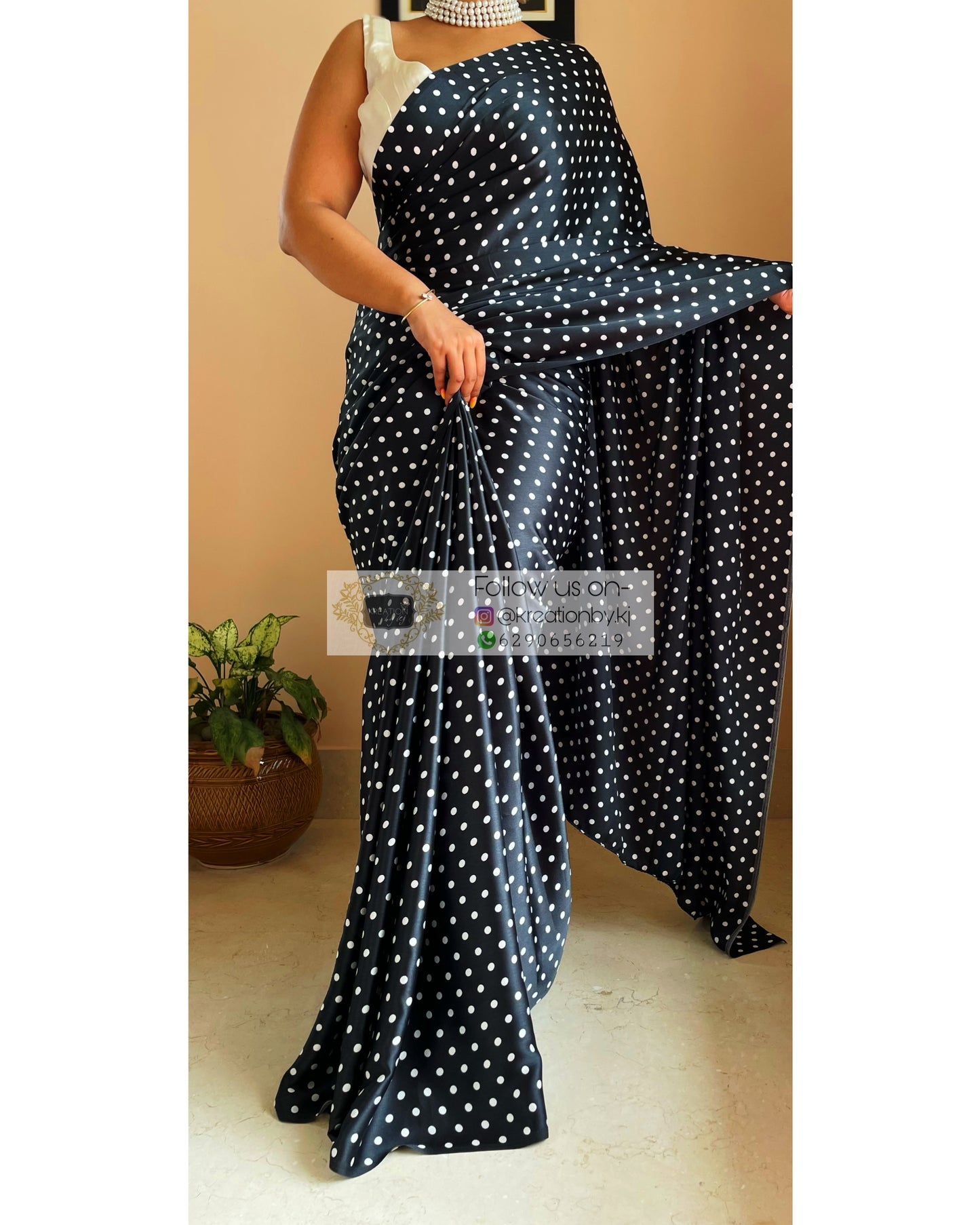 Black Polka Dot Satin Silk Saree