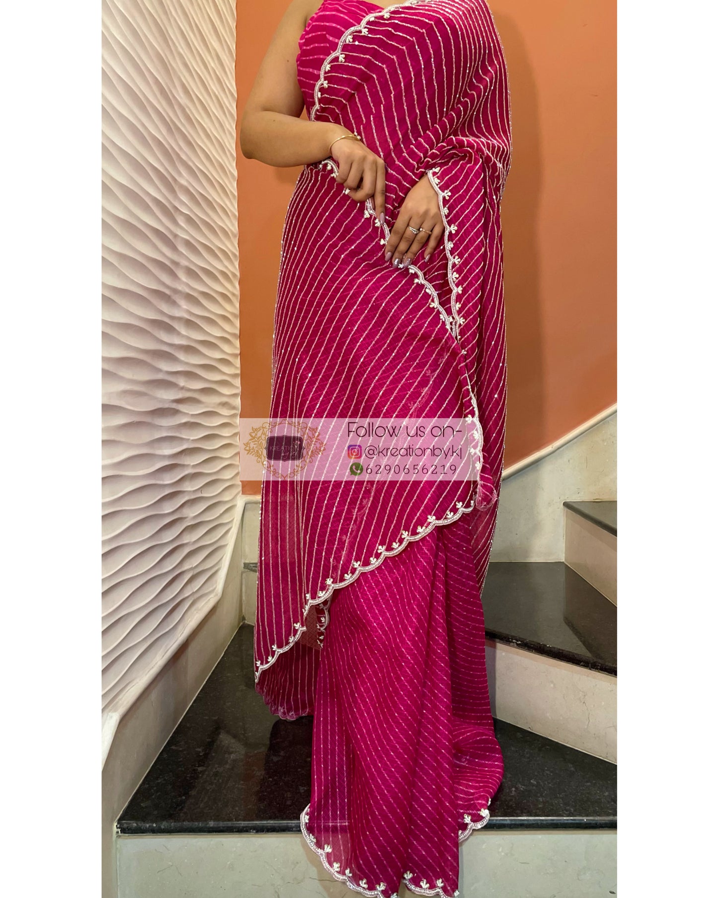 Gulaabi Leher Cutdana Saree - kreationbykj