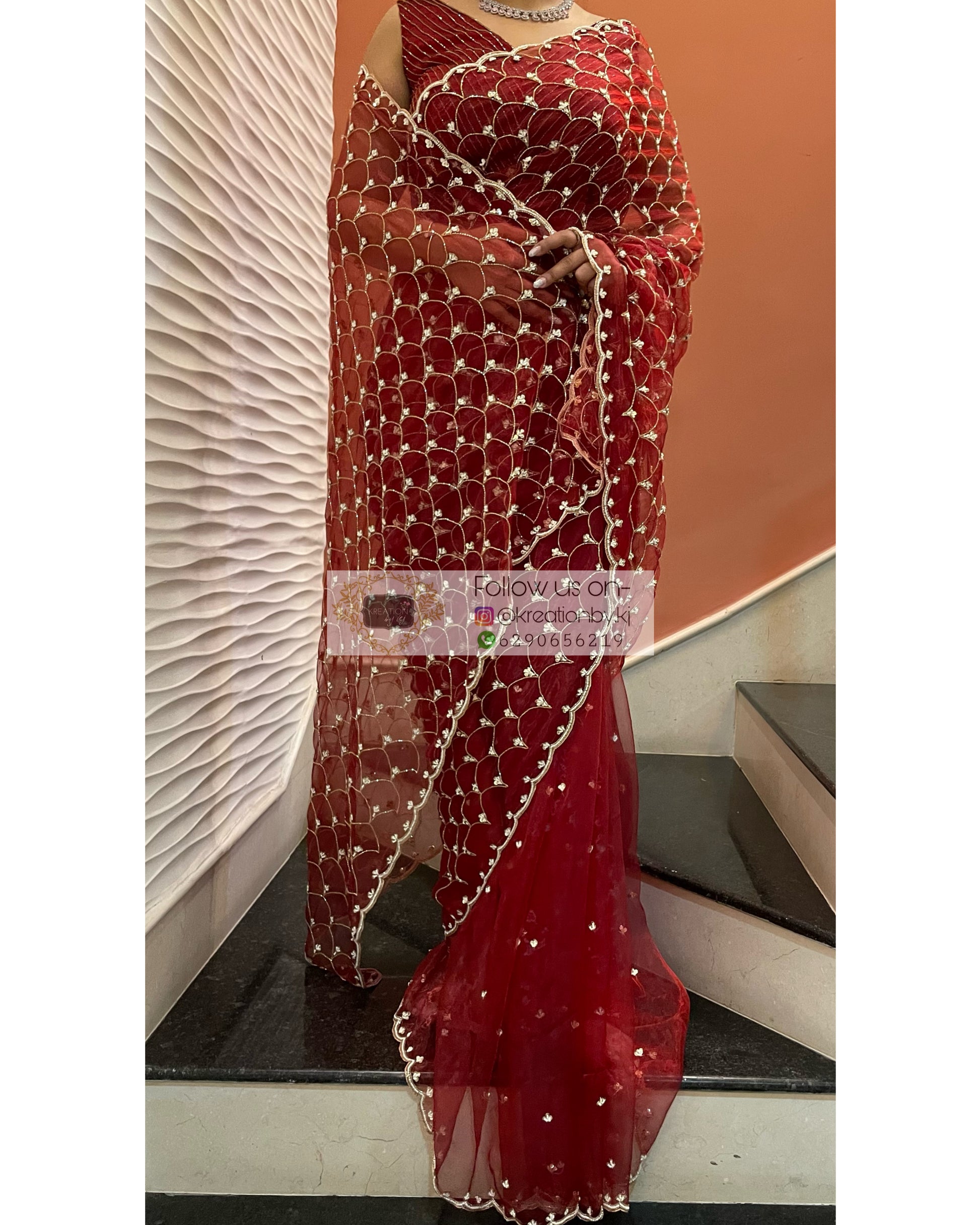 Red Glass Tissue Cutdana Mehraab Saree - kreationbykj