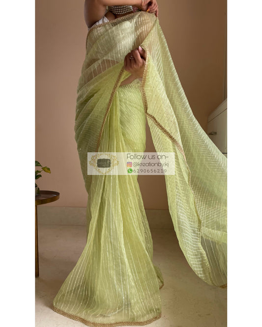 Green Organza Saree with Stripes kreationbykj