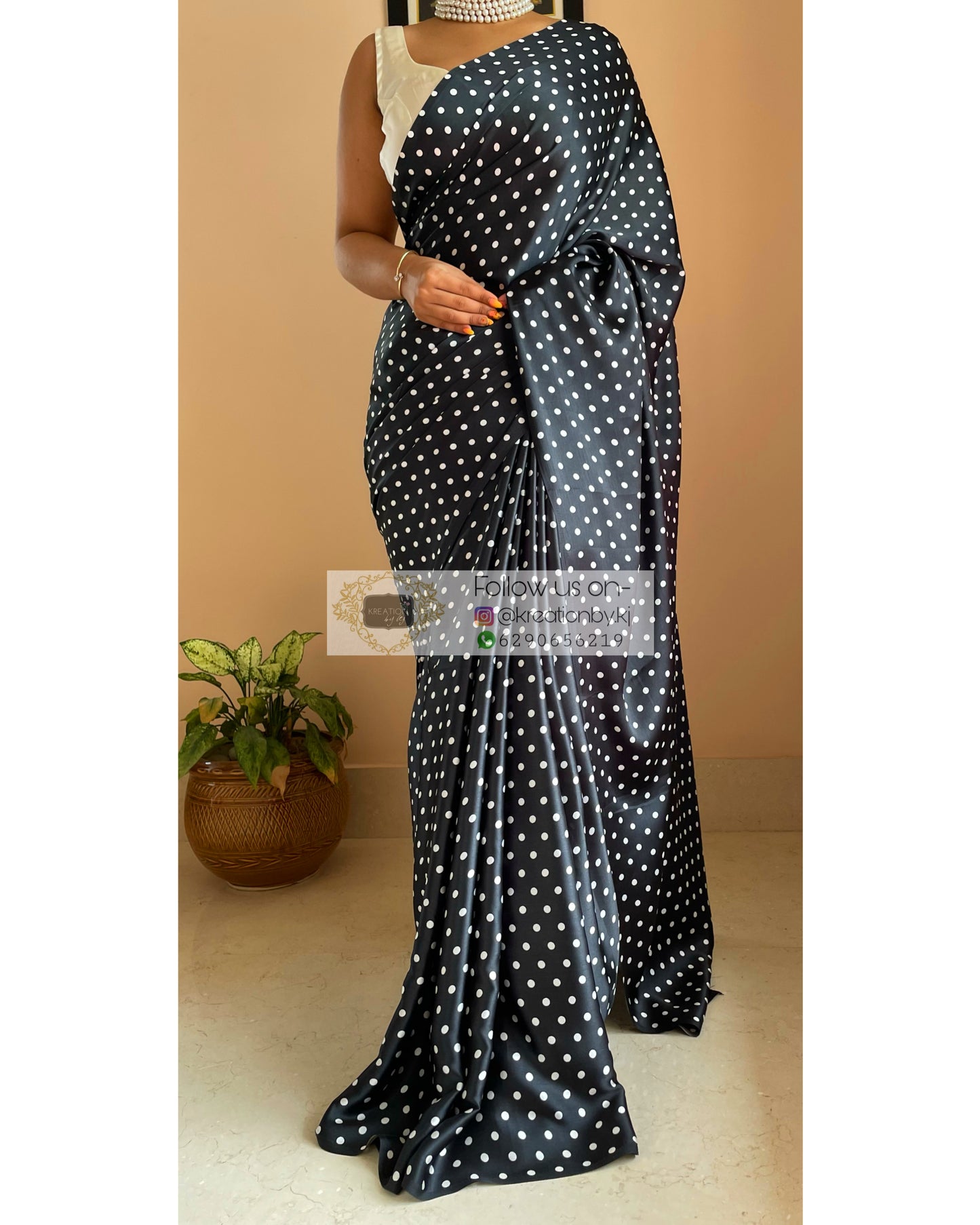 Black Polka Dot Satin Silk Saree