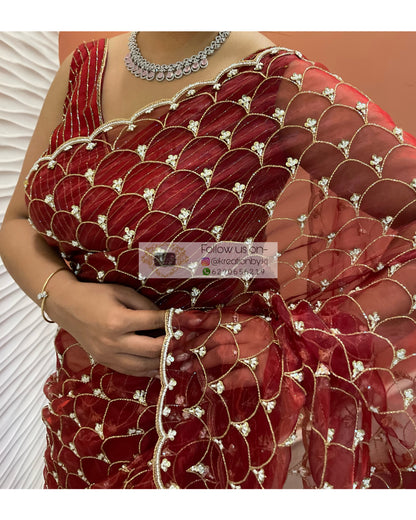 Red Glass Tissue Cutdana Mehraab Saree - kreationbykj