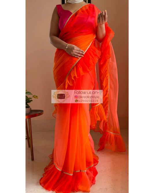 Orange Ombré Ruffle Saree kreationbykj