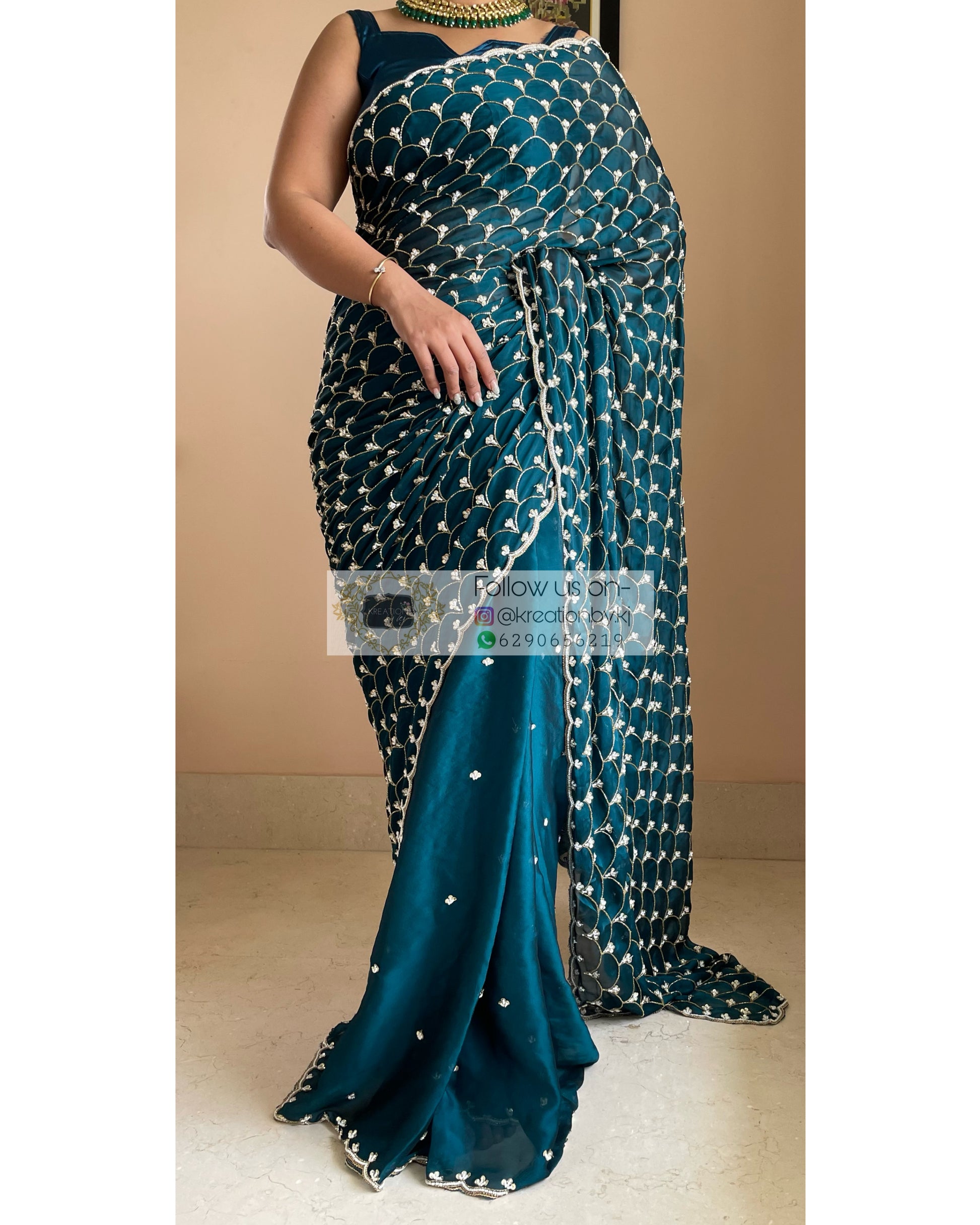 Teal Mehraab Cutdana Jaal Saree - kreationbykj