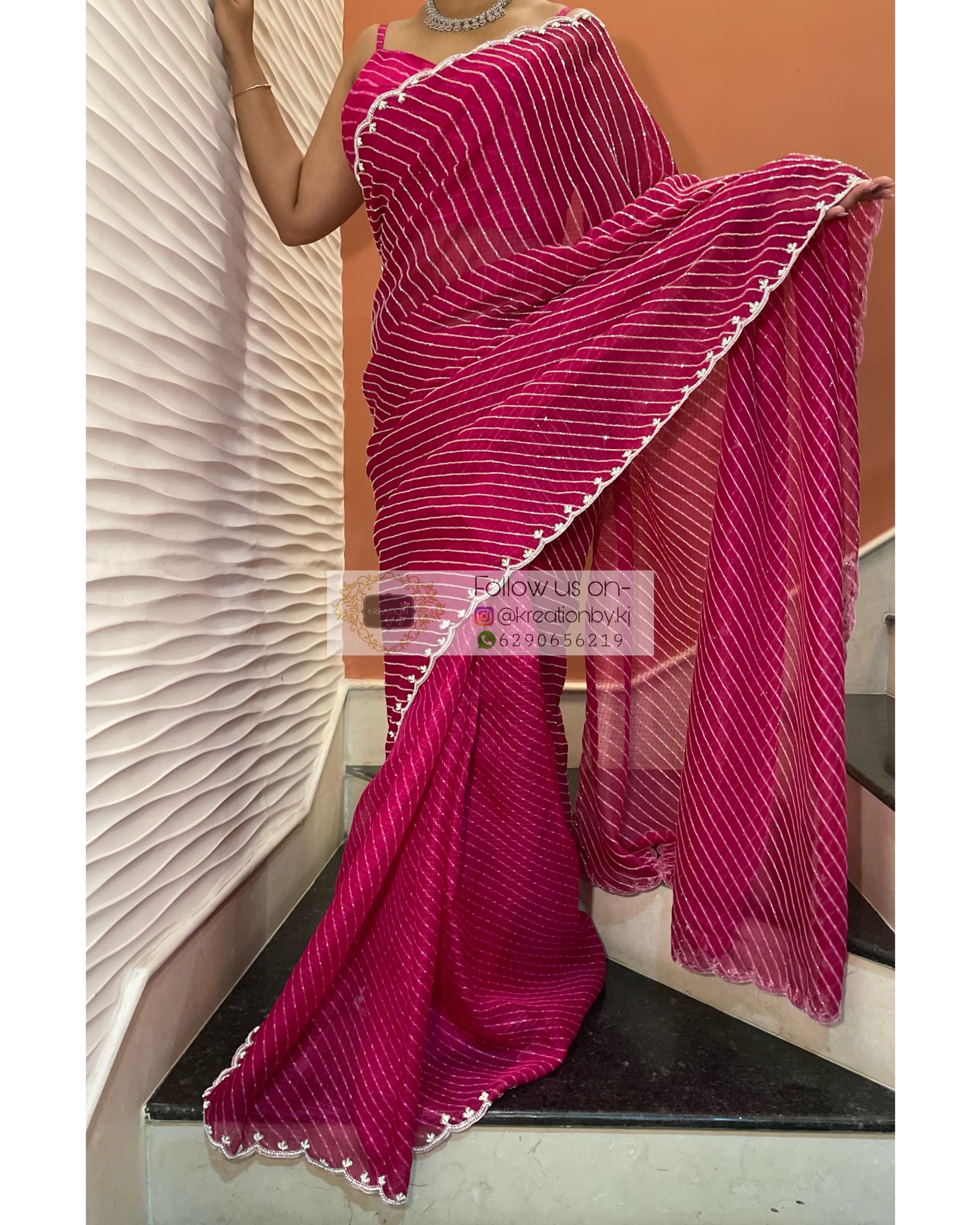 Gulaabi Leher Cutdana Saree - kreationbykj