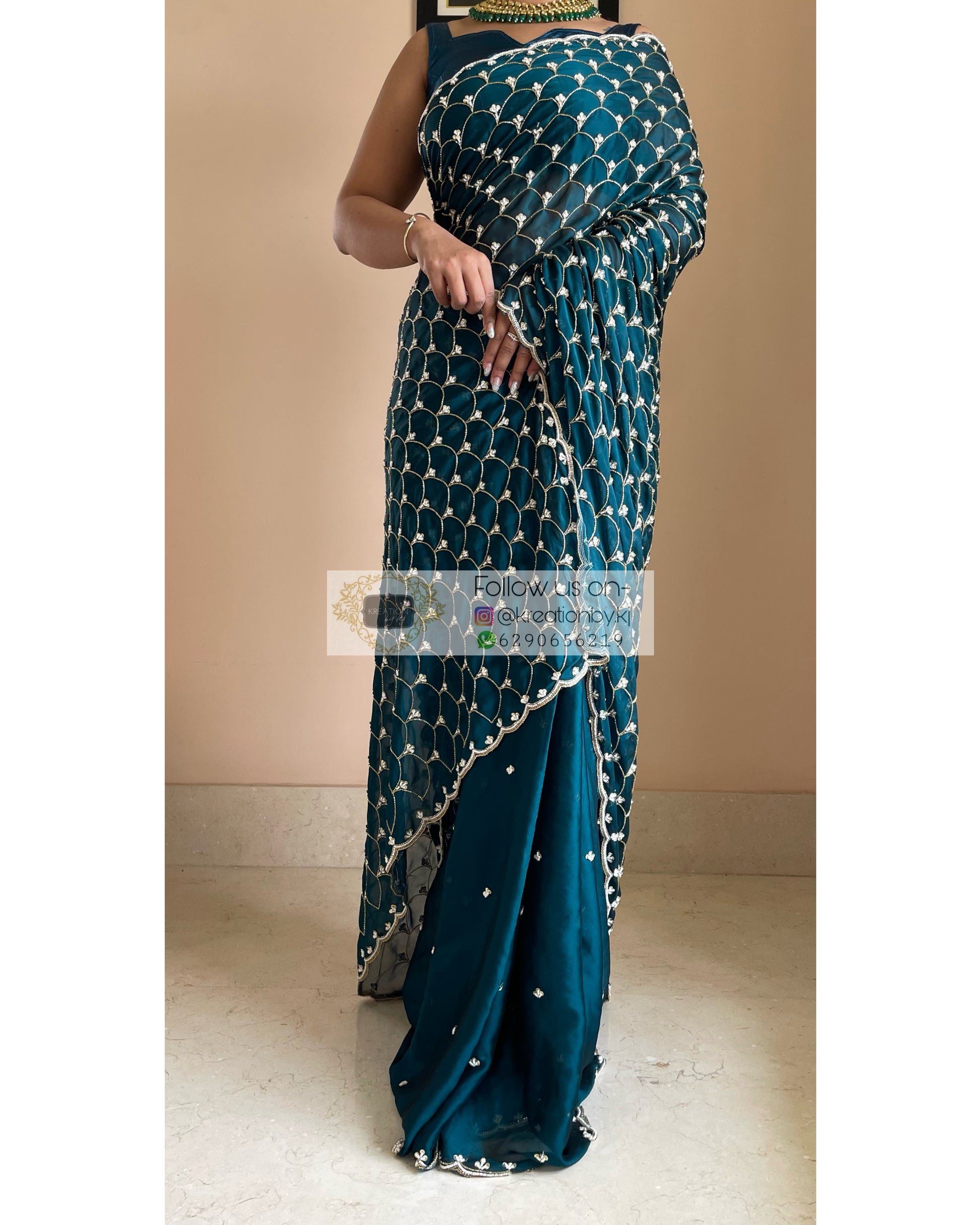 Teal Mehraab Cutdana Jaal Saree - kreationbykj