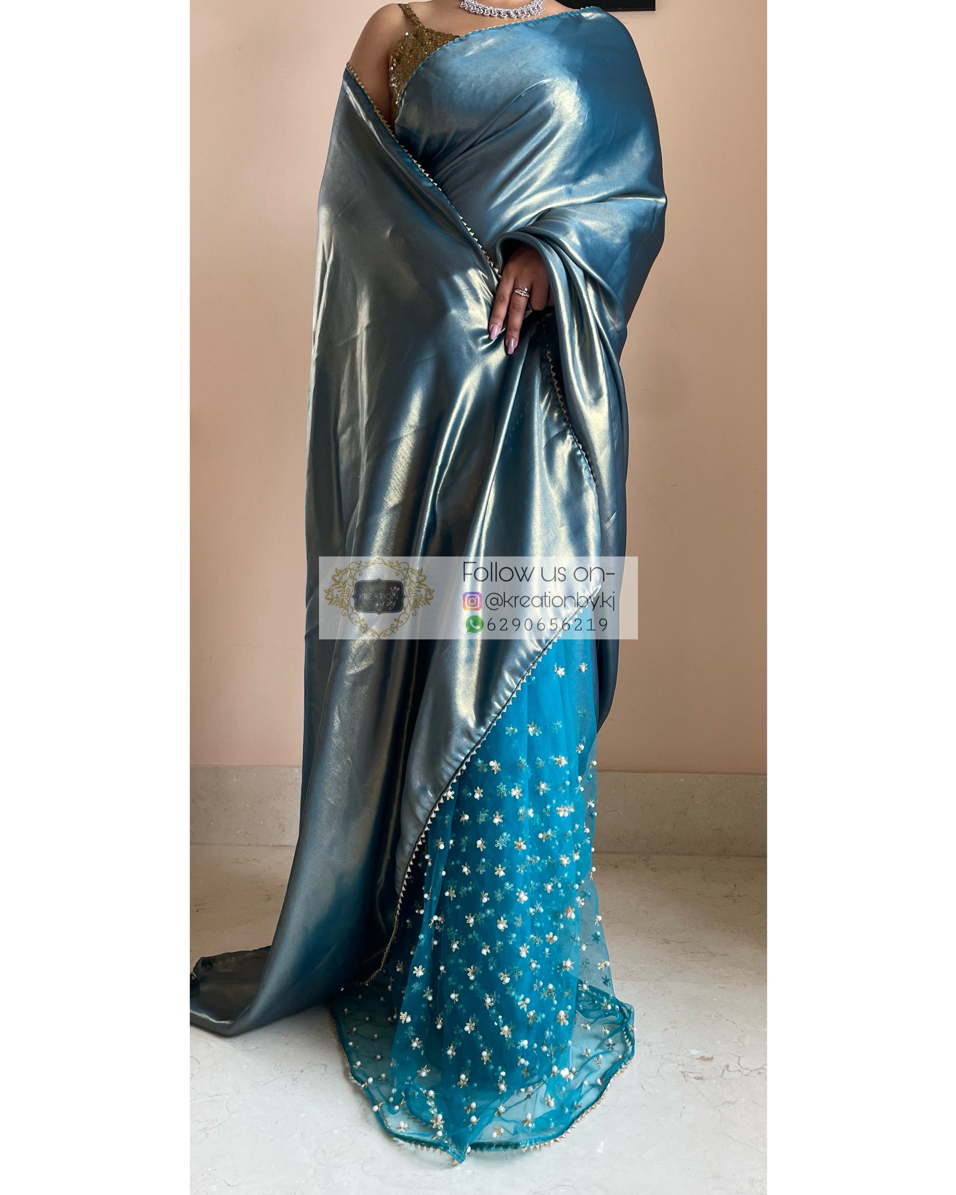 Teal Shimmer Sequins Saree - kreationbykj