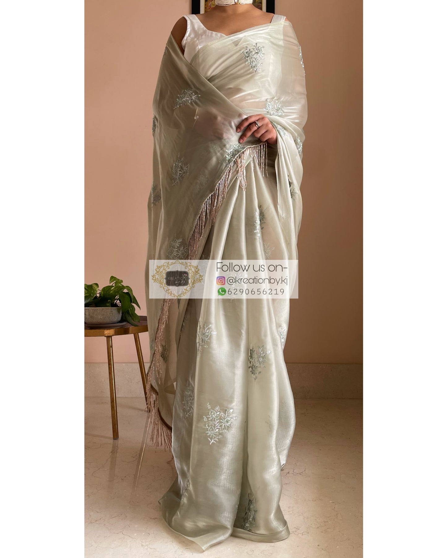 Ash Green Glass Organza Saree with Embroidery