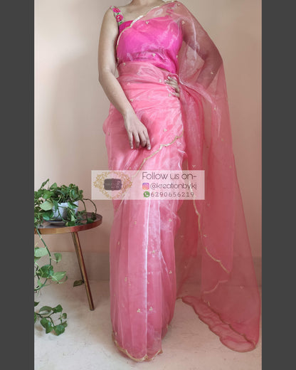 Peach Glass Tissue Saree with scalloping - kreationbykj