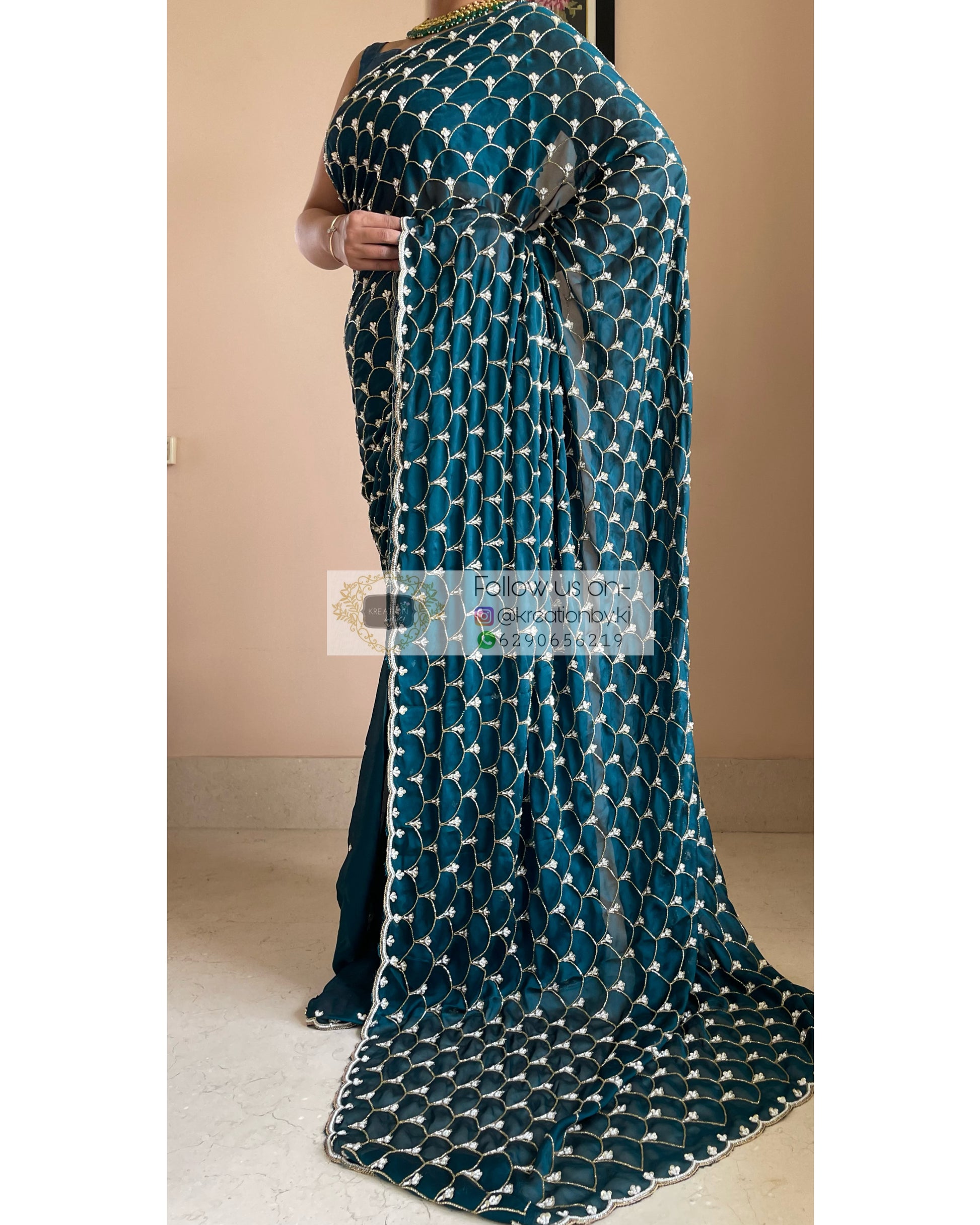 Teal Mehraab Cutdana Jaal Saree - kreationbykj