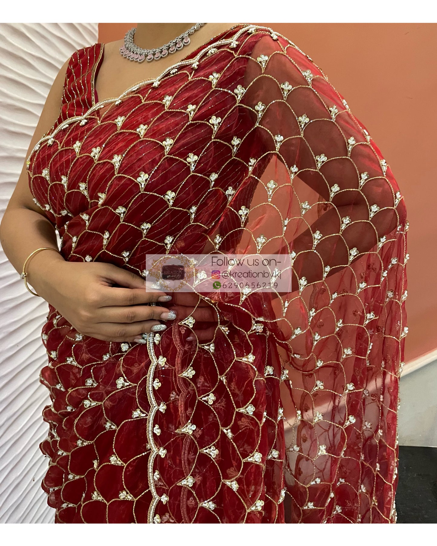 Red Glass Tissue Cutdana Mehraab Saree - kreationbykj