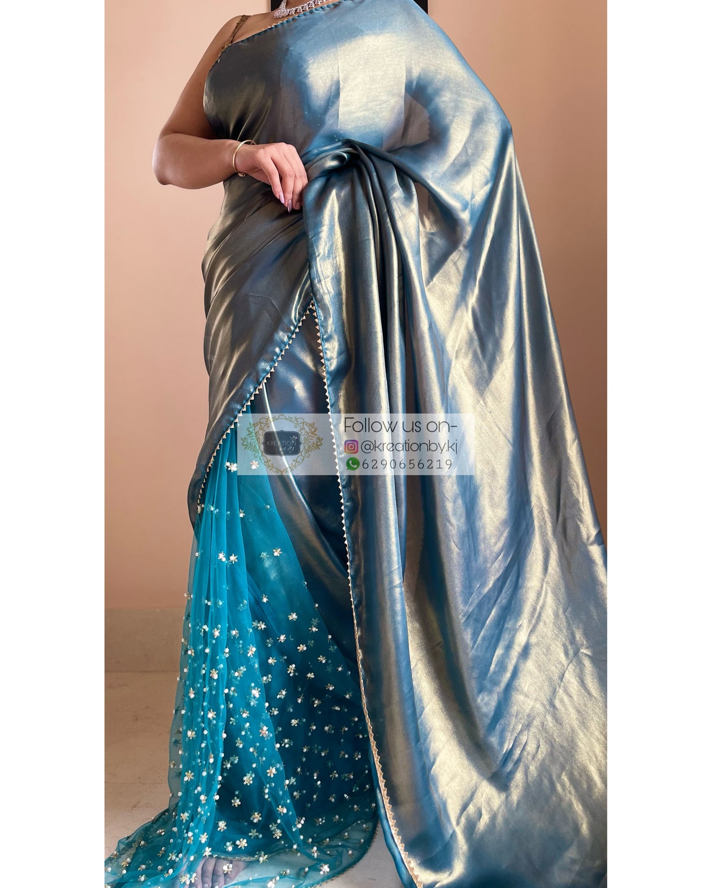 Teal Shimmer Sequins Saree - kreationbykj