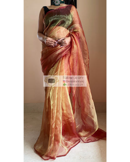 Liquid Gold Glass Tissue Saree - kreationbykj