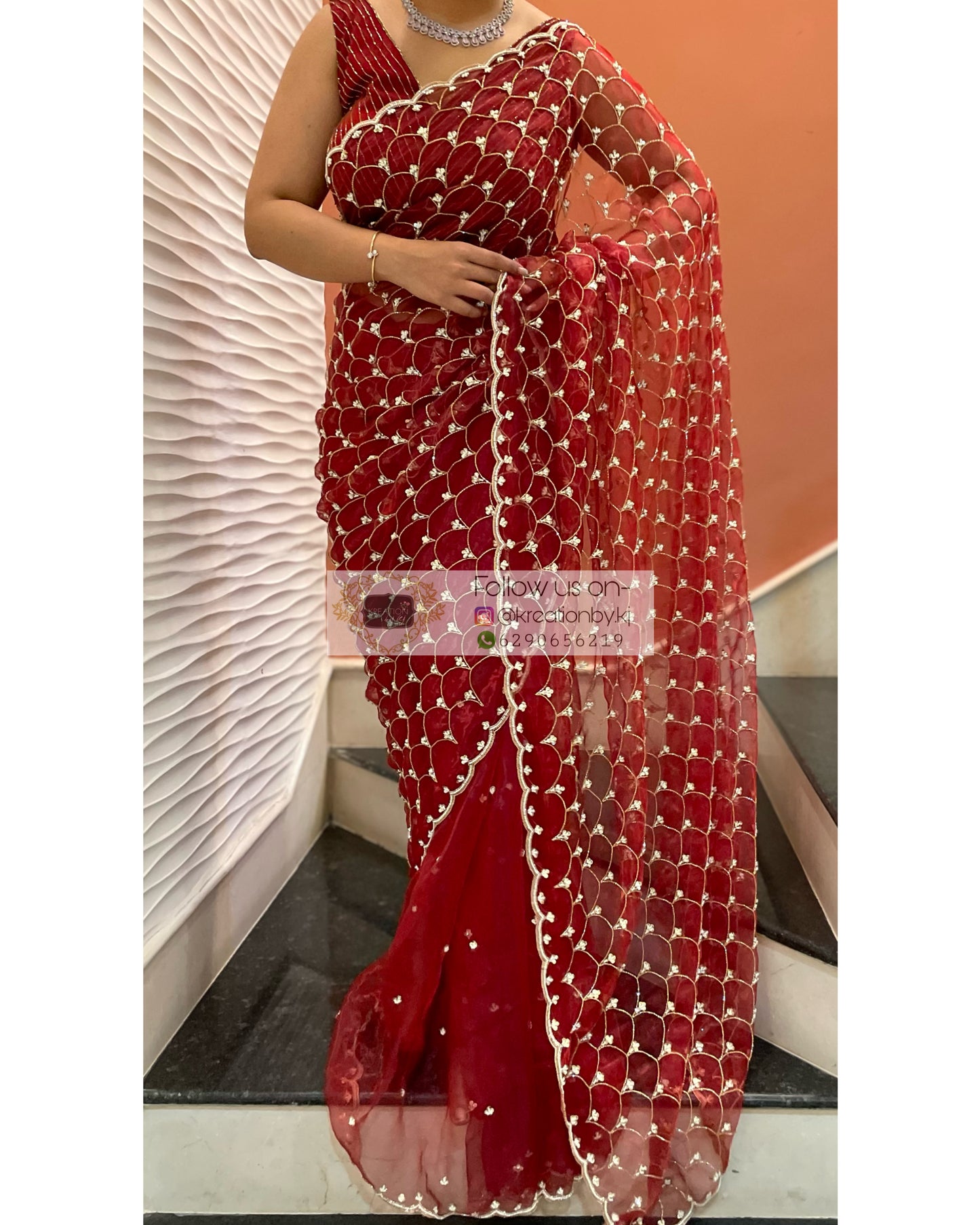 Red Glass Tissue Cutdana Mehraab Saree - kreationbykj