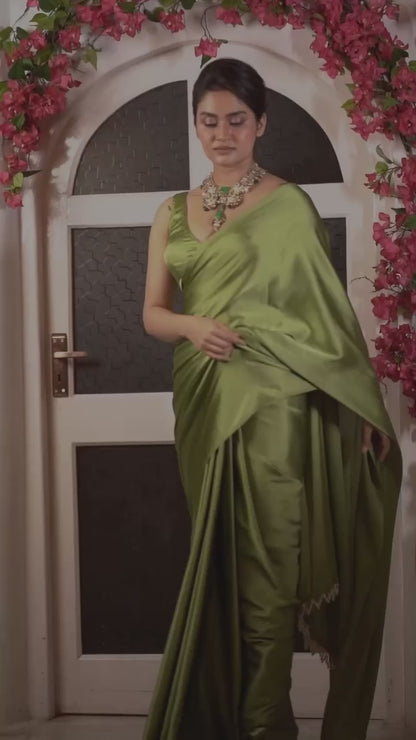 Moss Green Satin Silk Saree