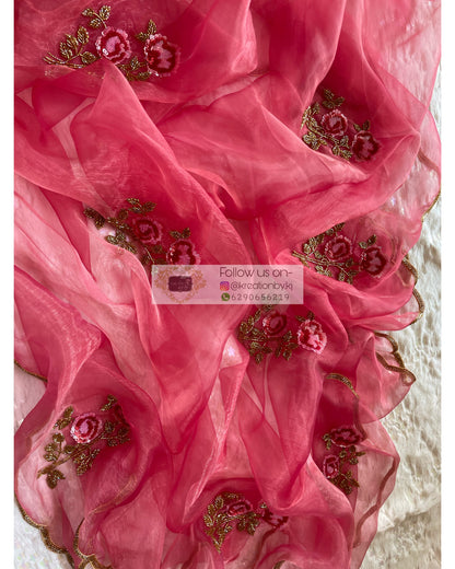 Pink Glass Tissue Rose Dupatta - kreationbykj