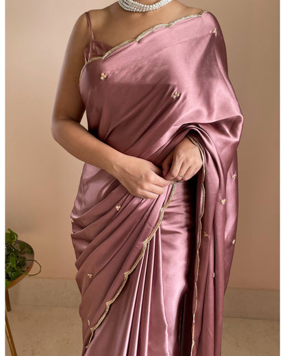 Rose Gold Satin Silk Saree With Handembroidered Scalloping - kreationbykj