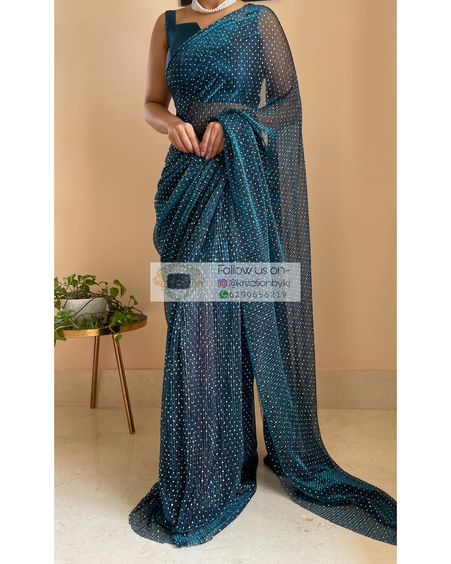 Blue Pleated Shimmer Net Saree - kreationbykj