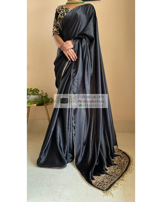 Black Satin Silk Taj Mahal Saree - kreationbykj