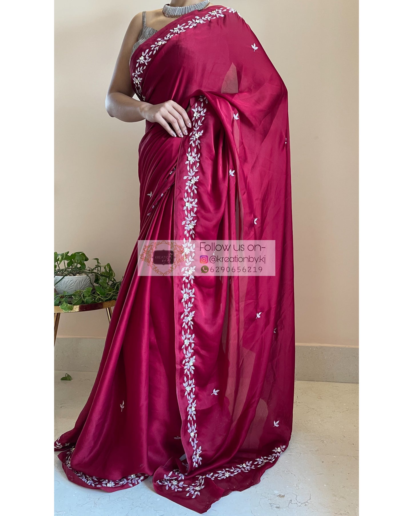 Maroon Crepe Silk Chandani Saree - kreationbykj