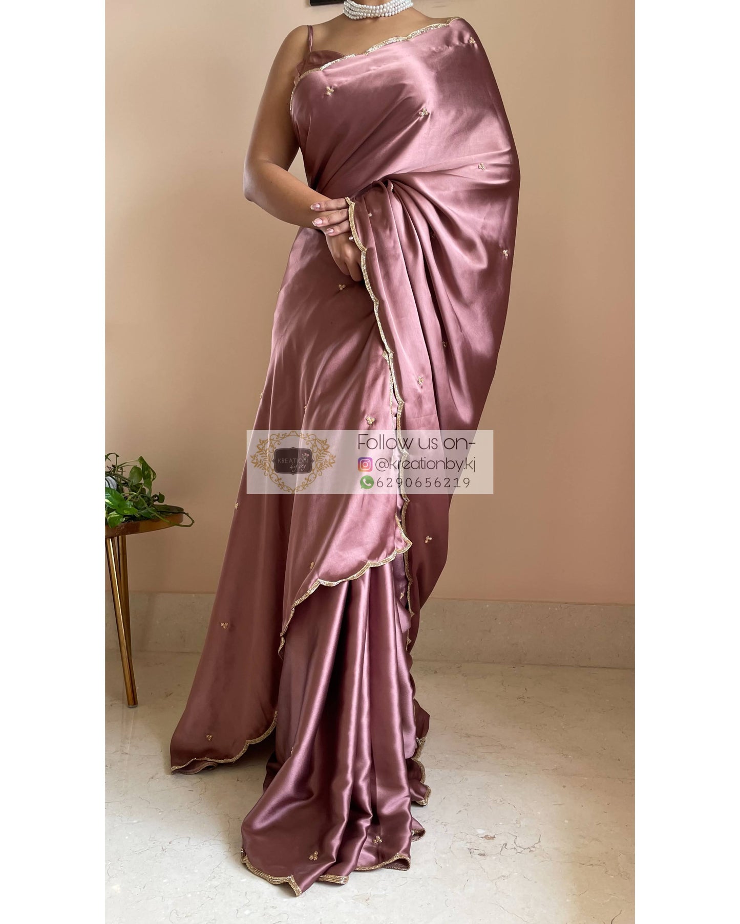 Rose Gold Satin Silk Saree With Handembroidered Scalloping - kreationbykj