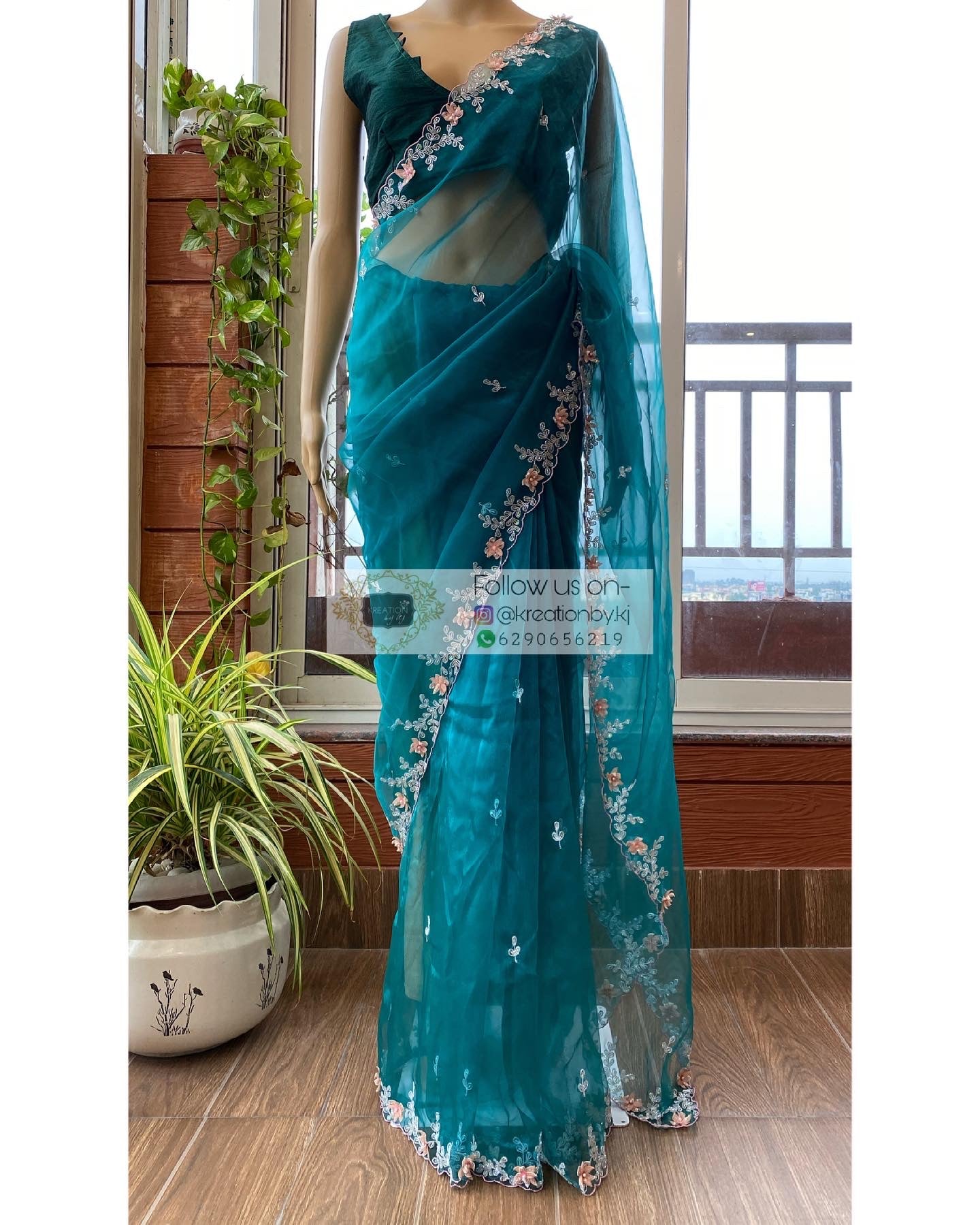 Teal Blue Floral Applique Glass Tissue Saree - kreationbykj