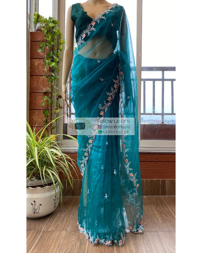 Teal Blue Floral Applique Glass Tissue Saree - kreationbykj