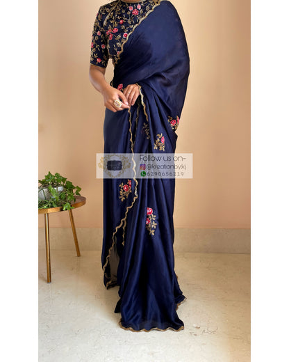 Remember the Roses Navy Blue Crepe Silk Saree - kreationbykj