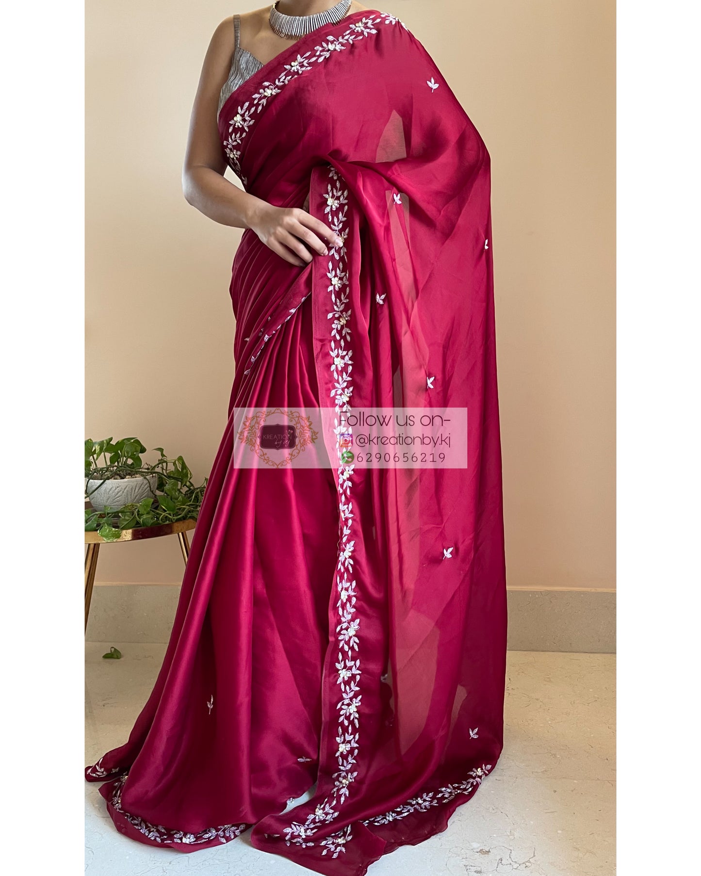 Maroon Crepe Silk Chandani Saree - kreationbykj