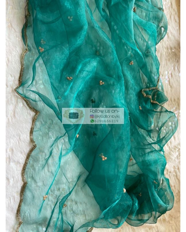 Teal Blue Glass Tissue Dupatta With Scallops - kreationbykj