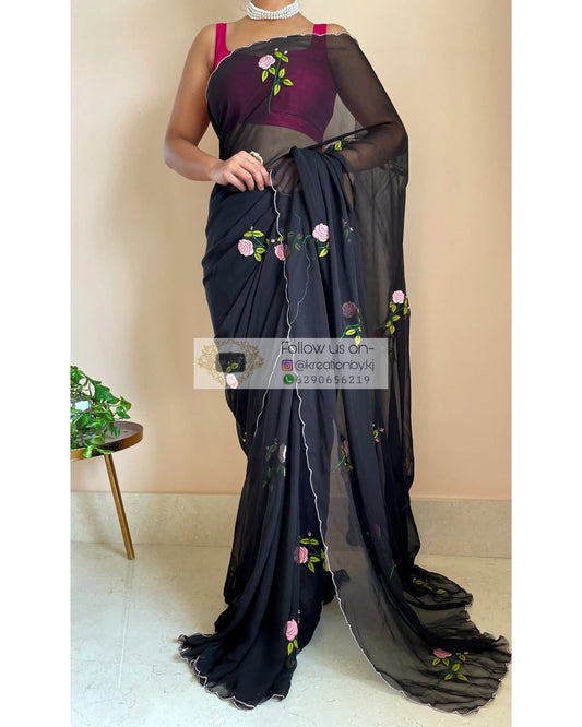 Black Georgette Guldasta Saree - kreationbykj