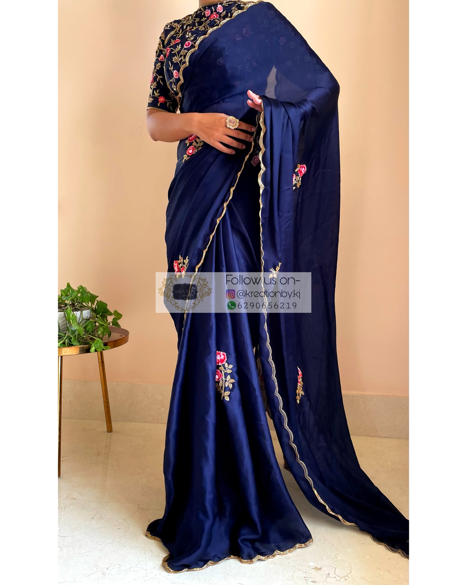 Remember the Roses Navy Blue Crepe Silk Saree - kreationbykj