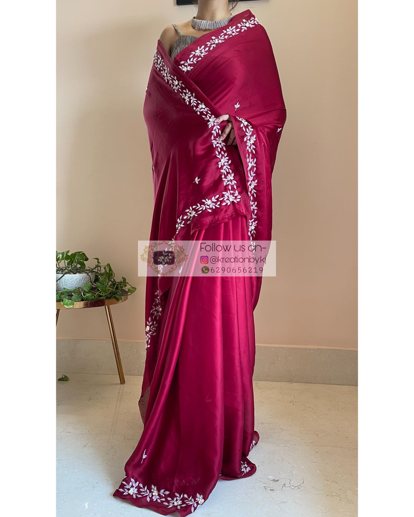 Maroon Crepe Silk Chandani Saree - kreationbykj